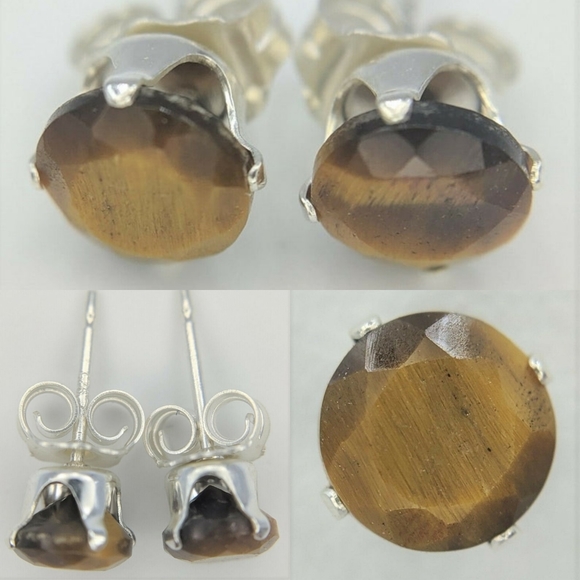 Tiger's Eye Silver Stud Earrings - Picture 1 of 8